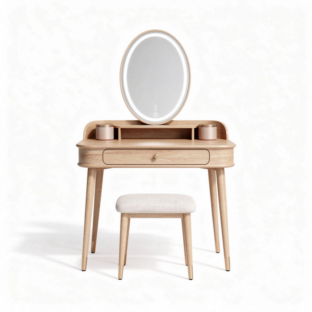 Coiffeuse en bois avec miroir rond et tabouret rembourré 80 x 40 x 140cm