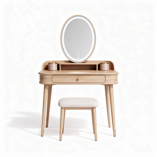 Coiffeuse en bois avec miroir rond et tabouret rembourré 80 x 40 x 140cm