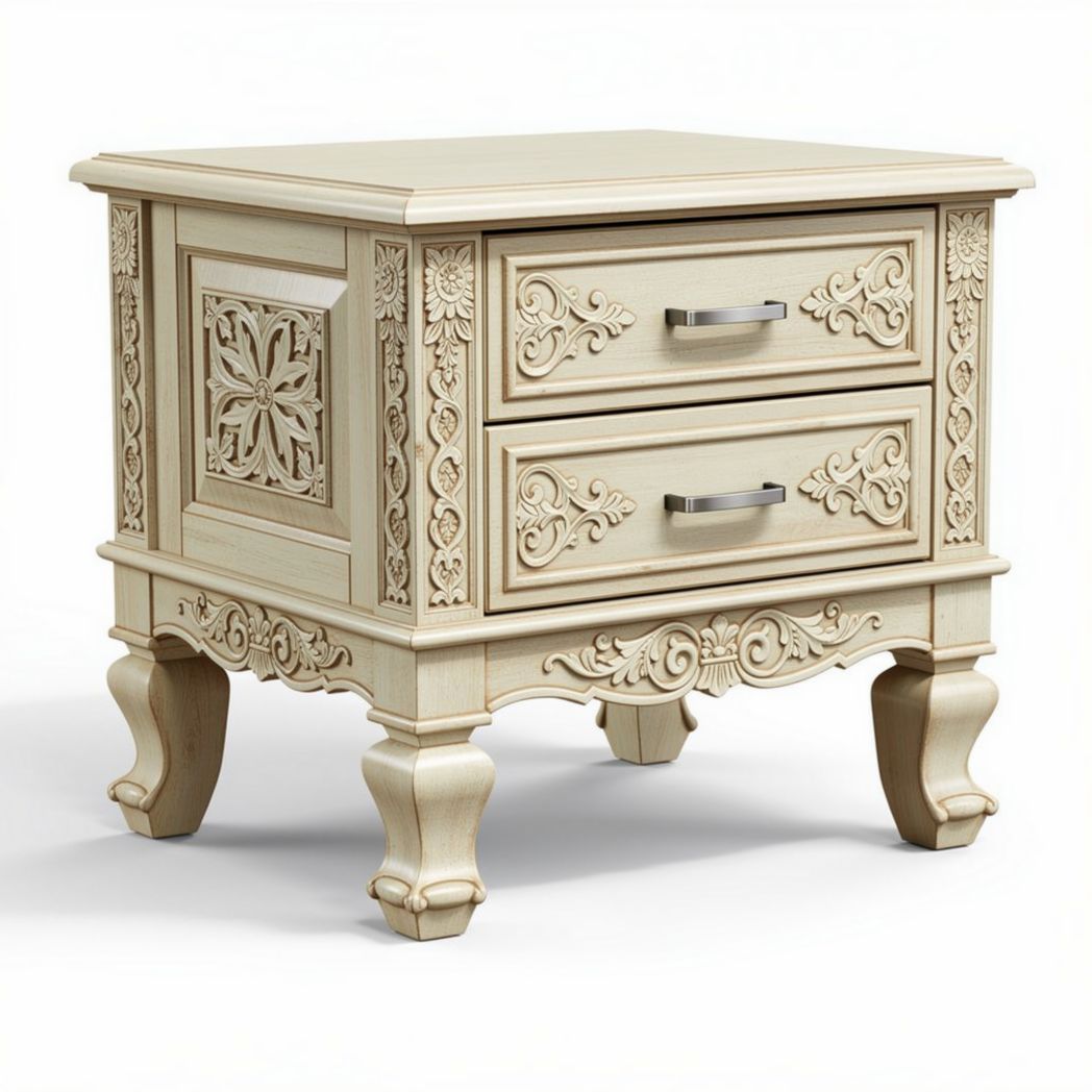 Table de chevet en bois sculpté de couleur crème avec deux tiroirs 60 x 45 x 50cm