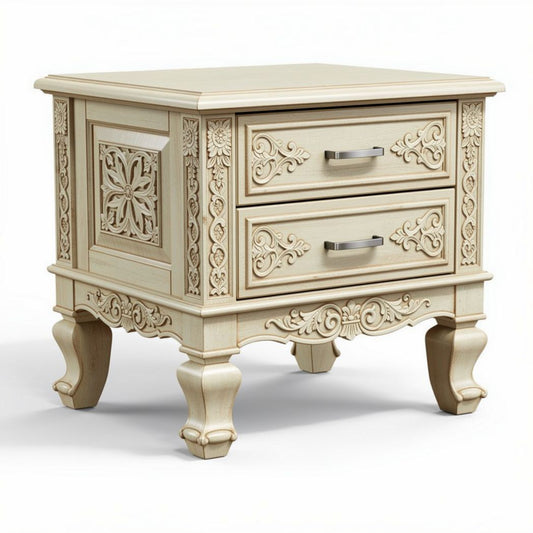 Table de chevet en bois sculpté de couleur crème avec deux tiroirs 60 x 45 x 50cm