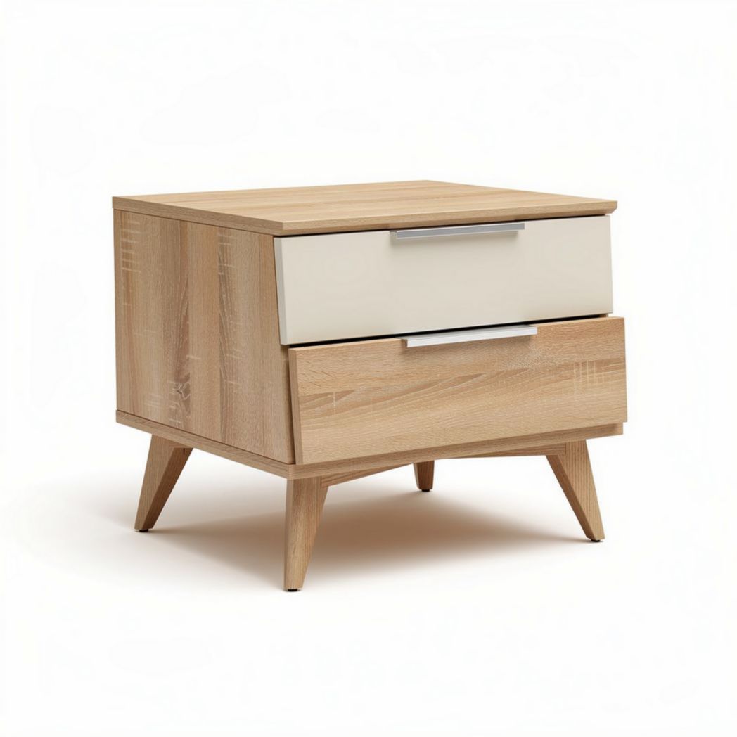 Table de chevet en bois naturel avec tiroirs blancs 50 x 40 x 45cm