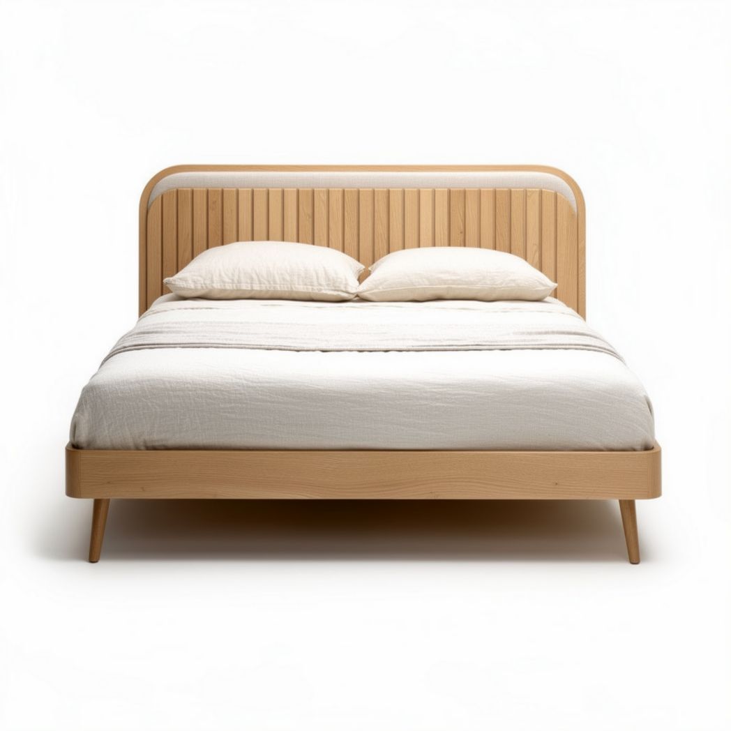 Lit en bois de hêtre naturel avec tête de lit en lamelles 200 x 160 x 100cm