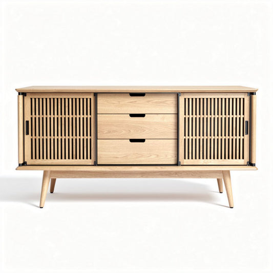 Meuble TV en bois clair avec tiroirs et portes ventilées 120 x 40 x 70cm