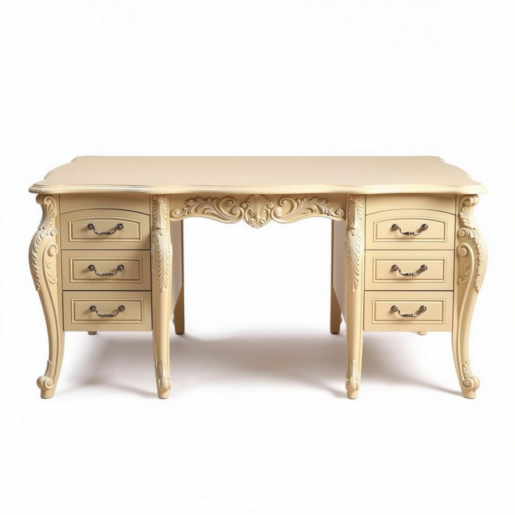 Bureau en bois avec six tiroirs finition crème dimensions 150 x 75 x 75cm