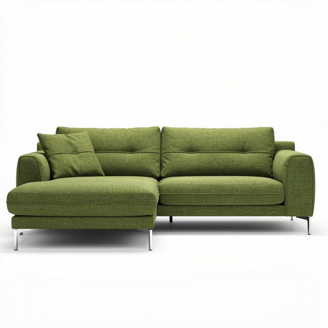 Canapé d'angle en tissu vert de dimensions 200 x 90 x 85cm avec coussins assortis