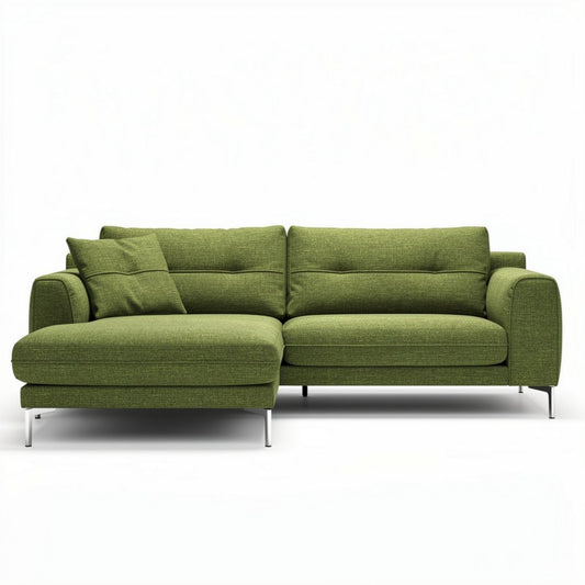 Canapé d'angle en tissu vert de dimensions 200 x 90 x 85cm avec coussins assortis